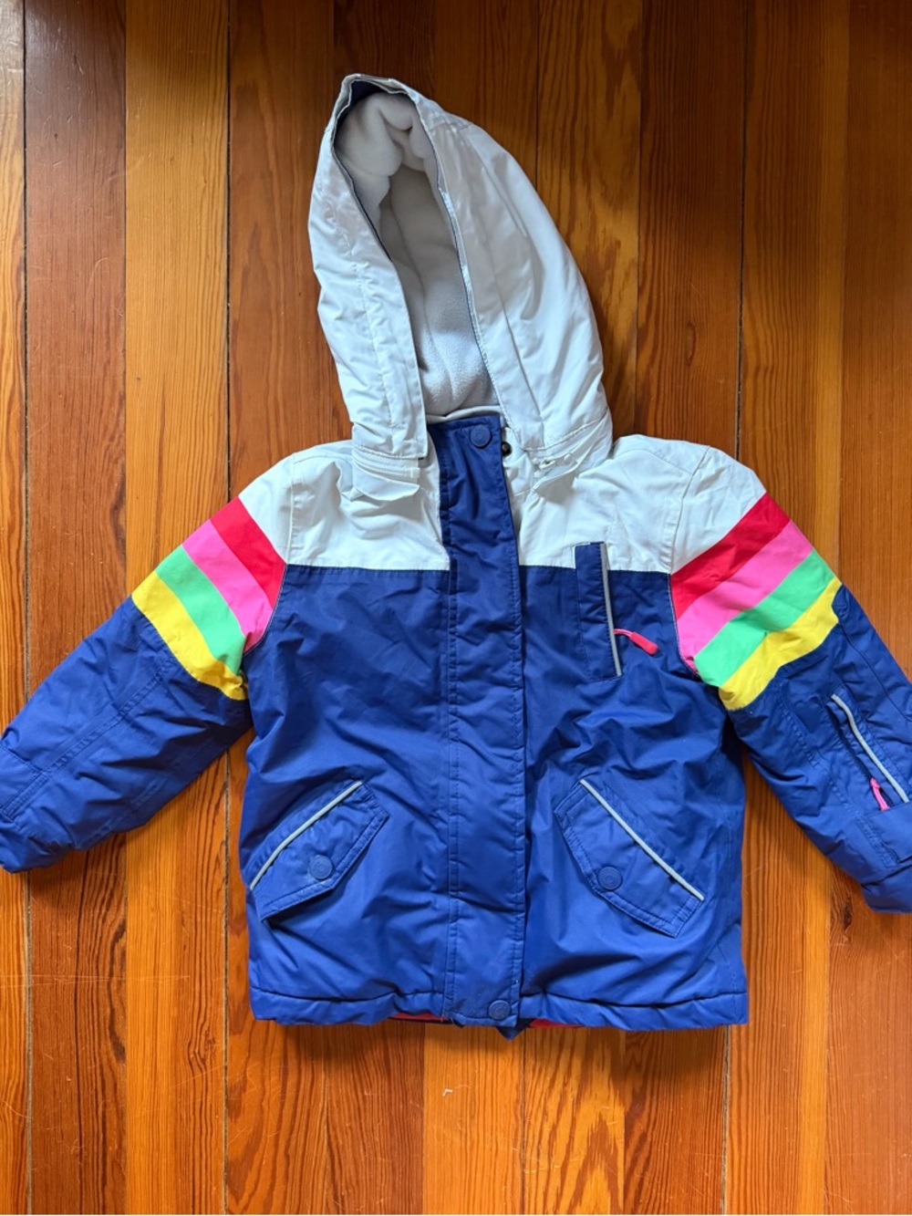 Boden Navy & White Hooded Puffer Jacket with Rainbow Sleeve Stripes